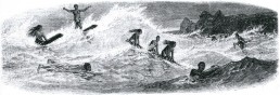 1875 Etching depicting Hawaiian women surfing.