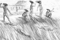 Etching of women surfing