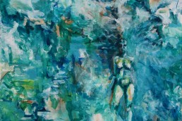 Acrylic Painting of nude woman in a sea of blues and greens
