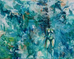 Acrylic Painting of nude woman in a sea of blues and greens