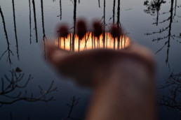 A blurry hand outstretched in front of darkening waters hold a filter (almost invisible) with a clearly visible reflection of tree trunks and sunset colors.